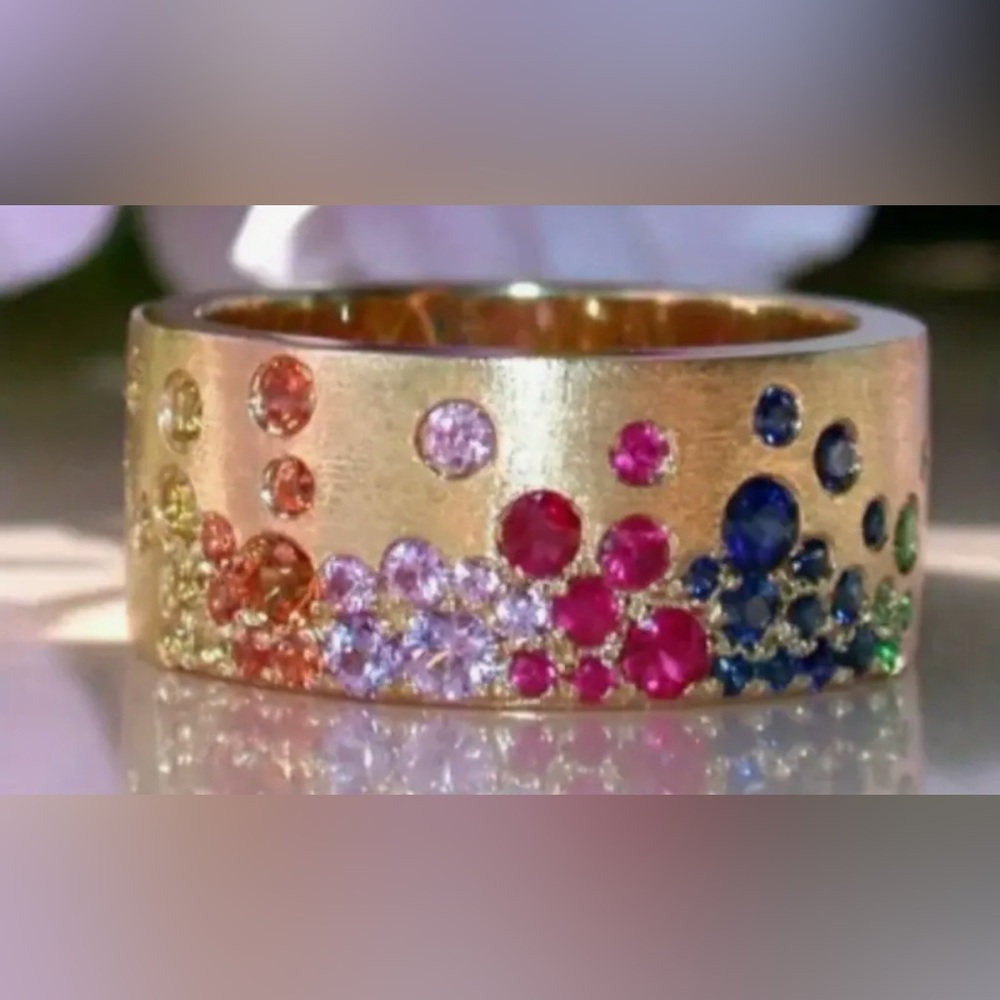 Gorgeous Gold plated band ring size 10 with colorful Swarovski crystals BNIB